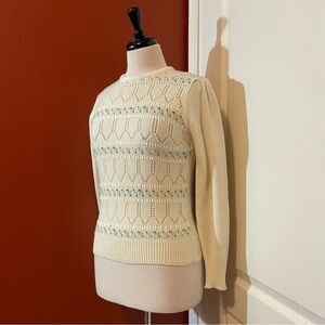Vintage Women’s Creme Floral Ribbon Knitted Dainty Open Weave Sweater